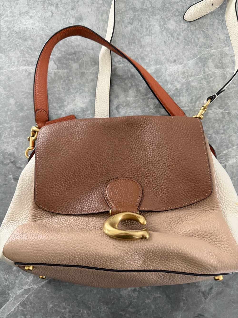 Coach Tri-Tone Pebbled Leather Shoulder Bag in Brown, Beige & Cream